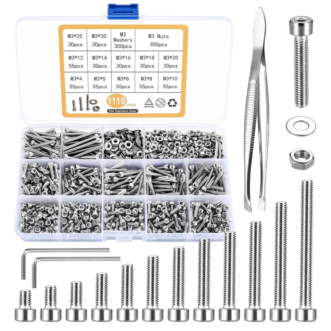1110 Pcs M3 Small Metric Screws with Nuts, Hex Socket Head Cap and Nut Assortment Kits, Stainless Steel Replacement Machine Fastener Screws and Bolts Nuts (Silver 1110)