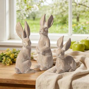DN DECONATION Easter Decorations Bunny Figurines Set of 3 - Rabbit Statues Farmhouse Spring Home Decor, Light Brown Resin Easter Tabletop Rustic Decor for Shelf, Mantel, Coffee Table (Beige With White)