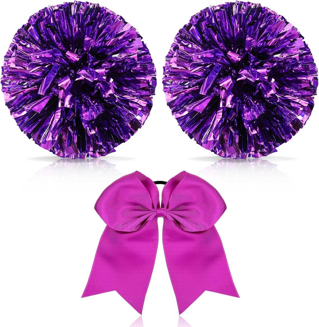 Hanaive 3 Pcs Cheerleading Pom Poms and Large Cheerleader Hair Bow Metallic Cheer Supplies for Team Spirit Sports Dance Cheering