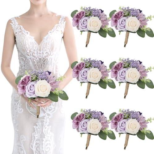Artificial Bridesmaid Bouquets 6 Pcs - 7 Inch Pre-made Bridesmaids Bouquet Small Silk Rose Handmade for Wedding Holding Flowers, Bridal Shower Wedding Centerpieces Ceremony and Anniversary- Lilac