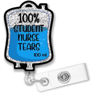 2 x Retractable 100% Student Nurse Tears Badge Reel with Alligator Clip, Funny Silver Glitter Saline Pack Badge Holder Gift for Doctors Murses Nursing School Students Medical Graduation