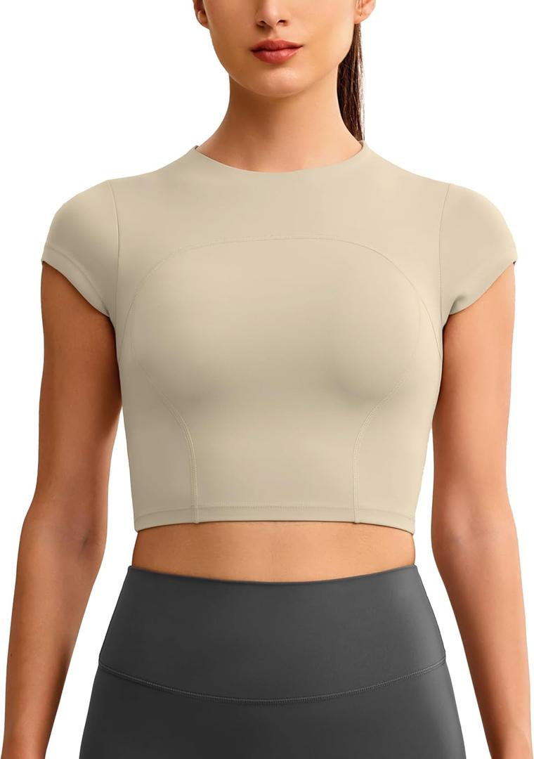 ENERBLOOM Workout Crop Tops for Women Yoga Short Sleeve Mild Support Slim Fit Cropped Athletic Shirts Gym Tee Built in Bra (Medium, Khaki)