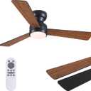 Asyko Ceiling Fans with Lights, 46" Low Profile Ceiling Fan with Light and Remote Control, Flush Mount, Reversible, Dimmable LED, Noiseless, Brown Ceiling Fan for Bedroom, Dining Room