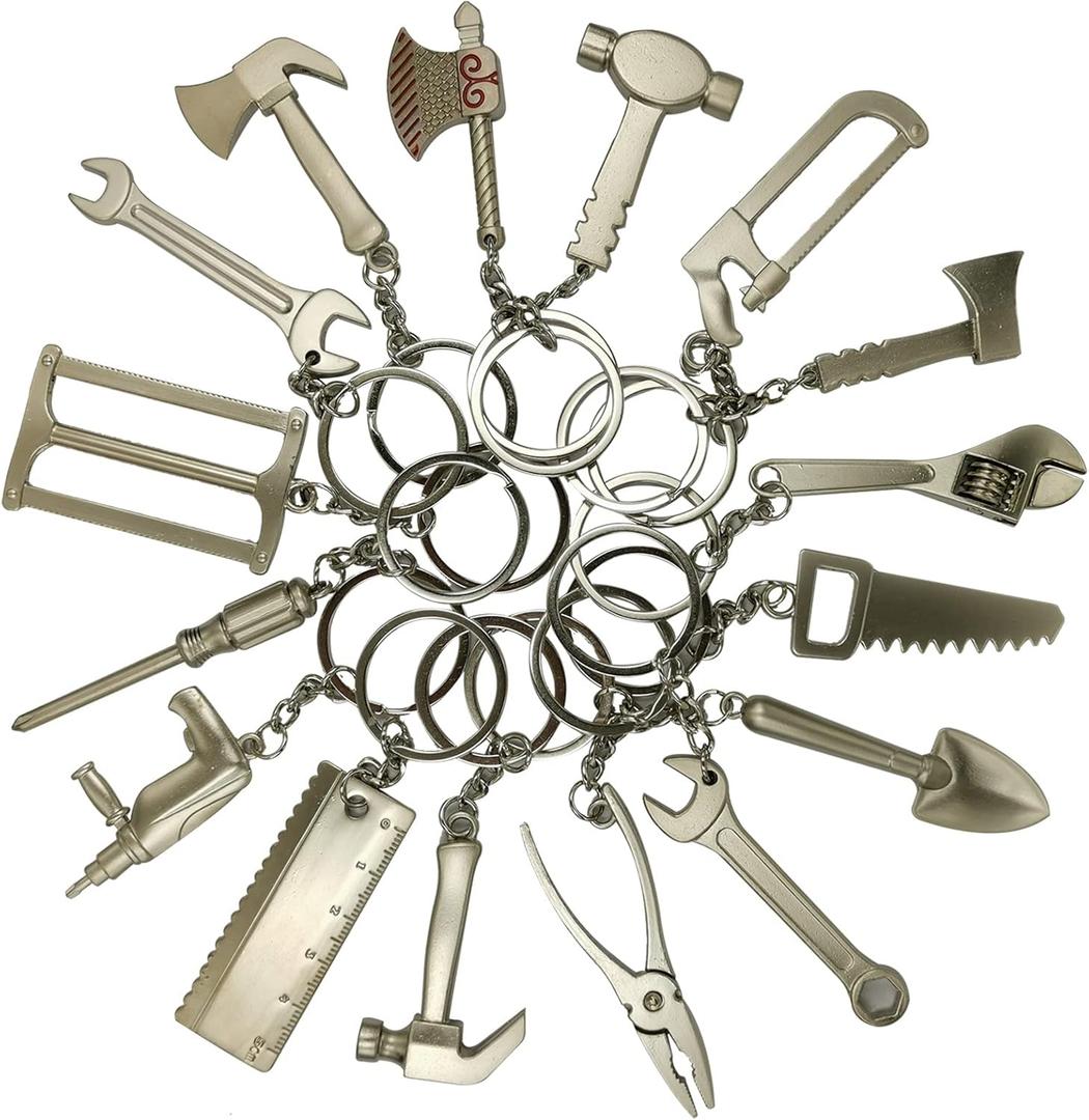 16-Piece Pretend Play Set Mini Construction Multi Tools Metal Keychains, Assorted Designs for Creative Play & Gifting - DIY Toy Car Keyrings