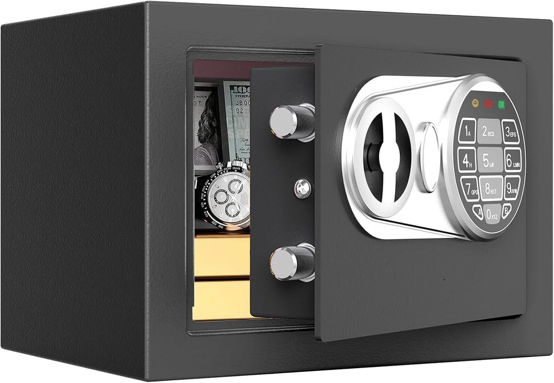 Goldenkey Small Kids Safe for Money, Digital Mini Safes with Keys&Code for Cash, Safe Box for Personal Items for Home, 6.69"D x 9.05"W x 6.69"H, Black