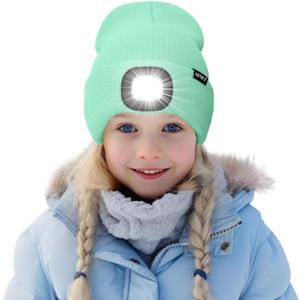 ATNKE Kids LED Lighted Beanie Hat,USB Rechargeable 4 LED Running Headlamp Bright Cap with Light Gifts for Boys and Girls (One Size, #Fruit Green)