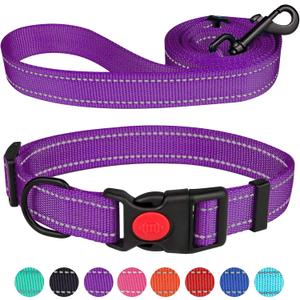 Reflective Dog Collar and Leash Set with Safety Locking Buckle Nylon Pet Collars Adjustable for  Dogs (Purple&M)