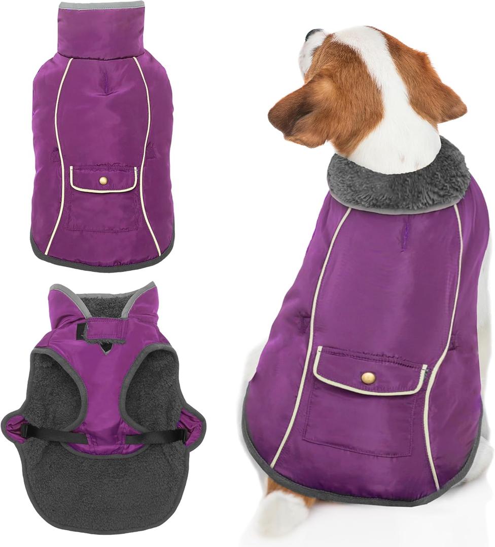 Dog Winter Coat - Warm Dog Clothes for Rain Snow Wind Cold Weather - Reflective Purple Adjustable Windproof Pet Vest Jacket with Leash Hole for Medium Dogs Indoor Outdoor