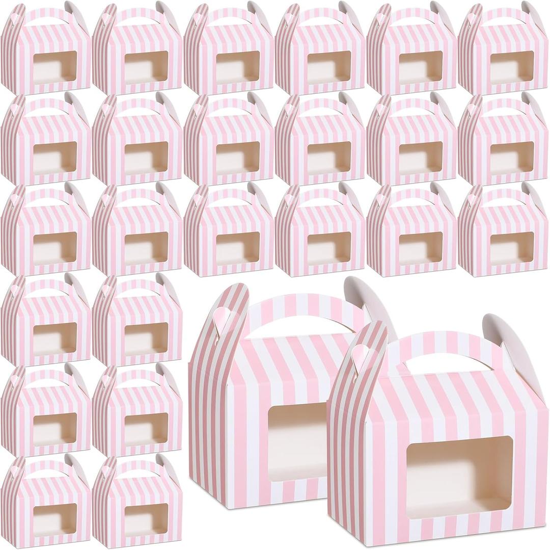 Mooliwe 50 Pcs 4 x 2.5 x 2.5 Inch Pink and White Striped Gable Boxes for Party Favors Bulk Party Favors Pink Small Paper Treat Goodie Box with Clear Window Handle for Baby Shower Birthday Wedding