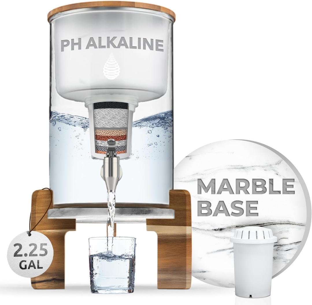 Invigorated Water pH Recharge Alkaline Water Filter Dispenser  BPA-Free Glass Countertop Water Filter Pitcher Purifier for Home & Office, 36-Cup Capacity, 360L Long Filter Life (Acacia/Marble)
