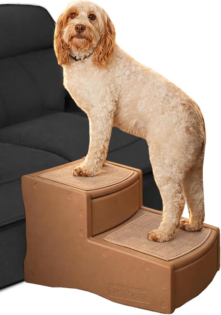 Pet Gear Easy Step II Extra Wide Pet Stairs, 2 Step for Dogs/Cats up to 200 pounds, Removable/Washable Carpet, Easy Assembly (No Tools Required), Camel