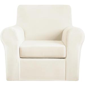 2 Pieces Velvet Armchair Cover Sofa Cover Separated Cushion Cover Stretchy Washable Fitted Couch Covers for Sofa Couch Protector for Dogs Chair Covers for Living Room (Ivory, Chair)