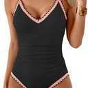 Aidonger One Piece Swimsuit for Women Tummy Control Color Block Bathing Suit V Neck Shell Stitched Tie Back Swimwear, M