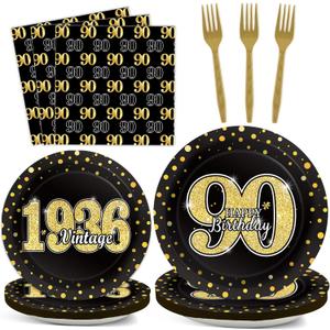 200PCS 90th Theme Birthday Party Tableware Vintage 1936 Party Supplies 90 year old Birthday Party Decorations Plates Napkins Forks Black and Gold Dinnerware Favors for Men or Women