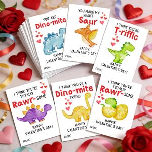 4 x Dinosaur Valentine's Day Cards for Kids, 24 Pack, 6 Designs, 3.5x5 Inch, Classroom Exchange Cards with Puns