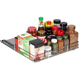 Pull-Out Cabinet Spice Rack Organizer - Slim Slide-Out Storage for Spices, Bottles & Jars, Premium Heavy-Duty Steel, Easy Install for Narrow Kitchen Cabinet - 16 W x 10 D x 2 H, Chrome