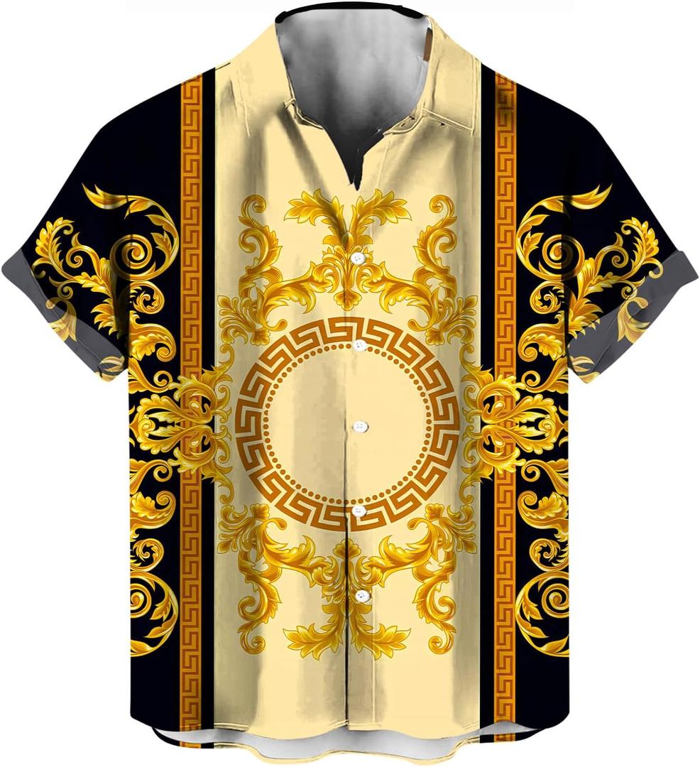 Funny Gold Floral Shirt Fashion Hip Hop Graphic Short Sleeved Button Shirt (Small, Beige)