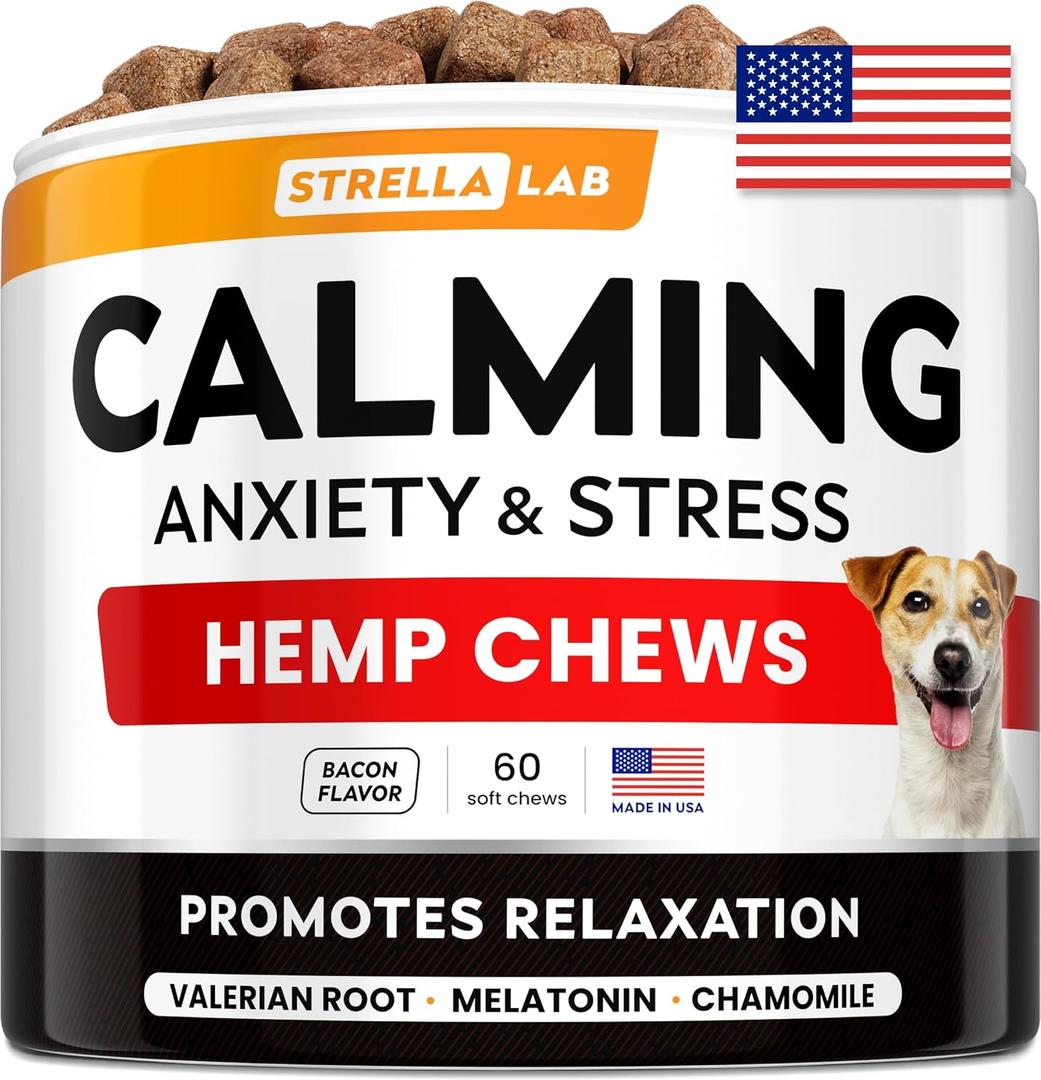 Advanced Calming Chews for Dogs - Hemp Chews and Melatonin - Anxiety Relief - Sleep Aid - Relaxing Treats - Stress Relief During Fireworks, Storms, Thunder, Barking - Made in USA - BBQ - 60ct BB 8/2028
