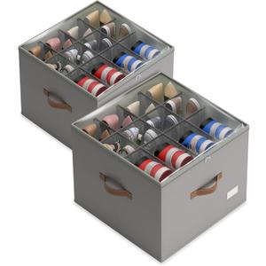 Vincona Shoe Organizer for Closet,2 Pack Shoe Storage Bins Foldable Shoe Storage Box Containers with Clear Cover and Sturdy Handles,Shoe Rack for Closet Storage for Sneakers Heels Slippers (Grey)