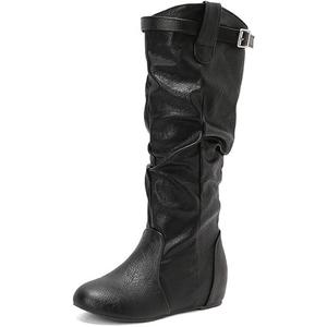 Women's Slouchy Knee High Boots Pull On Flat Boots with Side Zipper Fall Winter Western Cowgirl Booties for Women Soft Faux Leather Round Toe Low Heels Combat Mid Calf Tall Dress Boots Size 8