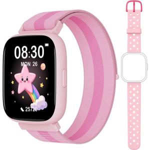 Smart Watch for Kids No Phone No APP Needed, 1.83" Fitness Tracker Watch with Pedometer, Step Counter Heart Rate/Sleep Monitor, IP68 Waterproof, Puzzle Games for Girls Teens 5-12, Nylon (Pink)