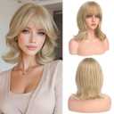 Haloo Blonde Short Bob Wigs with Bangs Shoulder Length Wavy Layered Flipped Ends Natural Looking Medium Synthetic Hair Wig for Women Daily Party, 14 Inch Dirty Blonde