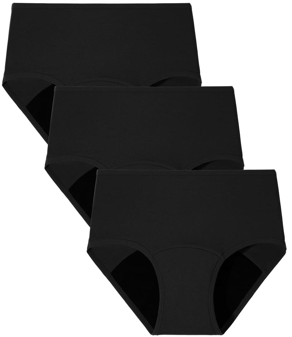 3 x BAMBOO COOL Womens Period Underwear Heavy Flow Absorbent Panties High Waisted Leakproof Postpartum Maternity Panties,3 Pack (Black, XL)