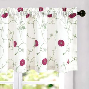 VOGOL Pink Floral Embroidered Window Valance, 42 x 18 Inches | Rod Pocket Top, Light Filtering, 1 Panel, Soft Drape, Easy to Hang, for Bedroom and Living Room Windows