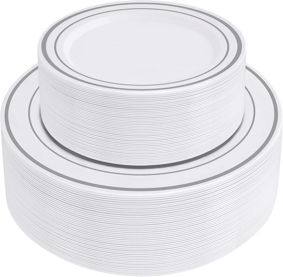 SETUP 100-Piece Silver Trim Plastic Dinnerware Set 50 10.25" Dinner & 50 7.5" Salad Plates Heavy-Duty Disposable for Weddings, Catering, Parties