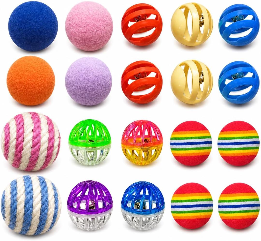 Cat Toys for Indoor Cats, Cat Toys Balls, 20 Packs Interactive Cat Toy Set with Colorful Bell, Jingle Bell, Rainbow, Pompom and Sisal Ball for Kittens