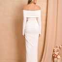 EYNMIN Off Shoulder Long Sleeve Maxi Dress Ruched Bodycon Slit Elegant Formal Fall Wedding Guest Dresses for Women White (White, S)
