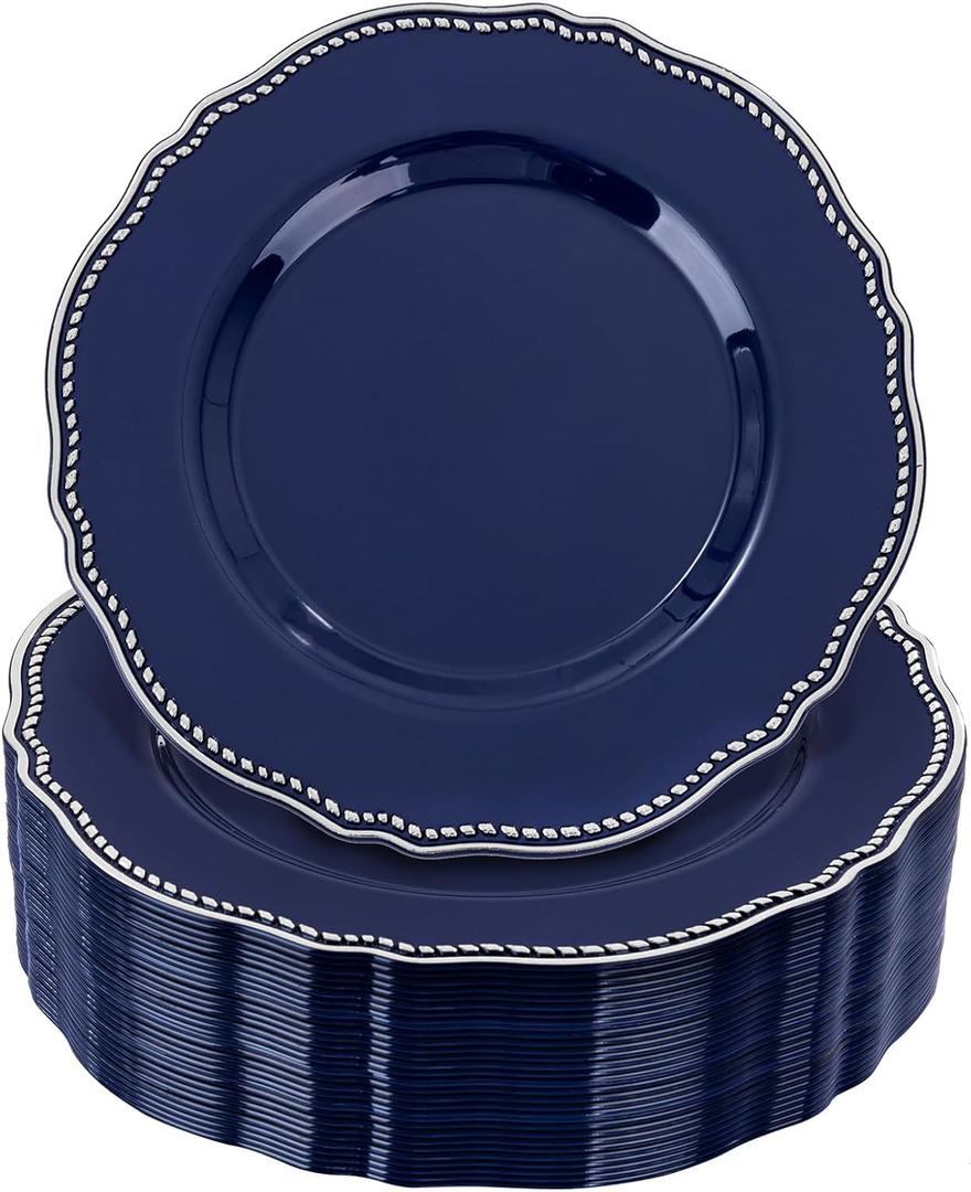 Hioasis 60pcs Blue Plastic Plates - Blue and Silver Disposable Dinnerware with Gold Rim, Heavy-duty, 7 inch, Dessert Plates for Party & Christmas