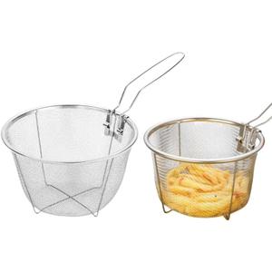 2 Pack Collapsible Deep Fryer Stainless Steel Deep Fry Basket with Foldable Handle, Fry Chips Baskets Round Wire Mesh Basket with Folding Handle for Kitchen Frying Pasta Spaghetti Silver