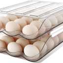 MesRosa Egg Holder for Fridge, Automatically Rolling Egg Storage Container for Refrigerator,Large Capacity Egg Organizer for Fridge with Lid,Clear Plastic Dispenser, Tray & Bin -2 Layer