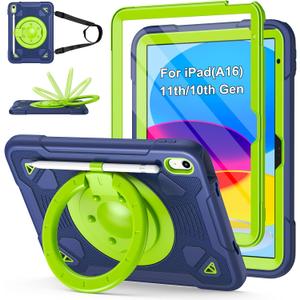 Hogenl for iPad A16 Case 11th Generation 11 inch 2025 /iPad 10th Generation Case 10.9 inch 2022, with 360° Rotating Stand & Screen Protector & Shoulder Strap/Pencil Holder Rugged Cover (Navy Green)