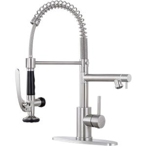 Qomolangma Commercial Kitchen Sink Faucet with Pull Down Sprayer, High Arch Spring Stainless Steel Single Handle Kitchen Faucets with Sprayer, with Deck Plate, Brushed Nickel