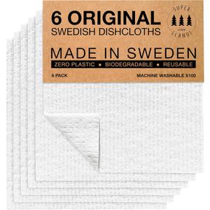 SUPERSCANDI 6 Pack Swedish Dishcloths for Kitchen - 100% Biodegradable & Compostable Reusable Paper Towels Washable, Food-Safe & Without Plastic - Dish Rags Suitable for Any Surface, White