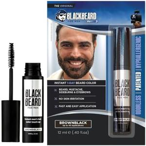 Blackbeard for Men Beard Color – 1-Day Beard, Mustache, Eyebrow, Sideburns Color – Temporary Facial Hair Tint - Hypoallergenic Beard Dye Alternative – Up to 45 applications – Brown/Black 1 Pack