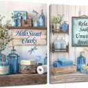 ZQQART Funny Bathroom Canvas Prints Wall Art Farmhouse Bathroom Relax Signs Pictures Decor Rustic Flower Painting Decor (Blue,12.00" x 16.00" x 2)