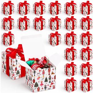 Sabary 25 Pcs Christmas Gift Boxes with Lids 4 x 4 x 4 Inches Candy Christmas Kraft Gift Boxes with Red Ribbons Small Present Box for Xmas Wedding Party Favor Birthday (Delicate Style)