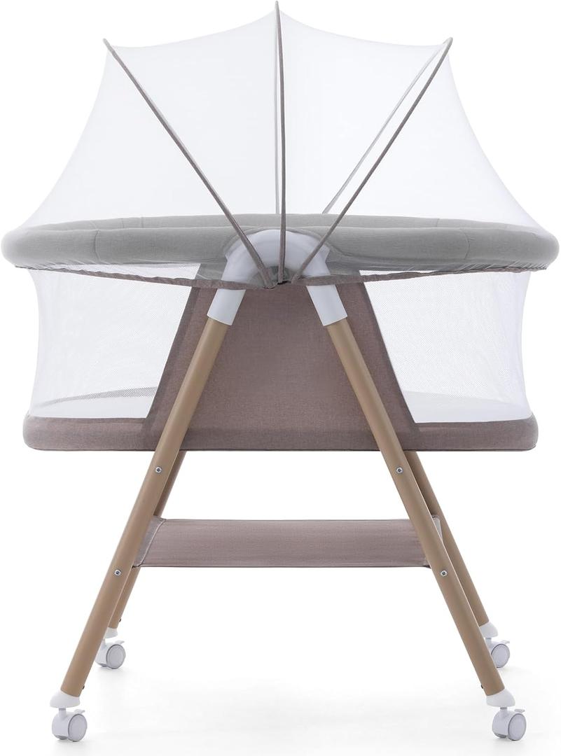 Jaoul Baby Bassinet, Portable Baby Travel Crib for Baby Bed with Wheels Comfy Mattress Mosquito Net Storage for Infant Newborn Lightweight and Breathable Mesh Design Khaki