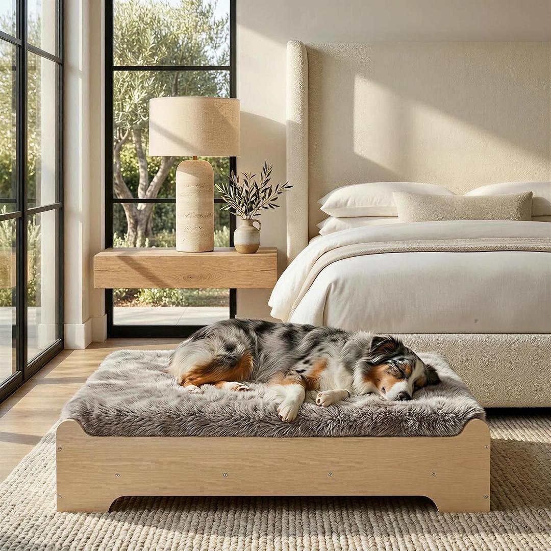 Elevated Wood Dog Bed Frame with Foam Mattress, WoodPattern, L