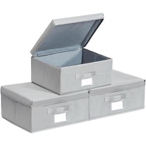 Set of 3 Stackable Fabric Storage Bins with Lid - Light Grey, 14.2" L x 12.6" W x 6.3" H