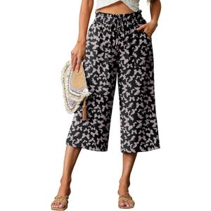 Lepunuo Women's Wide Leg Capri Pants High Waisted Palazzo Pants Adjustable Casual Tie Knot Pants with Pockets