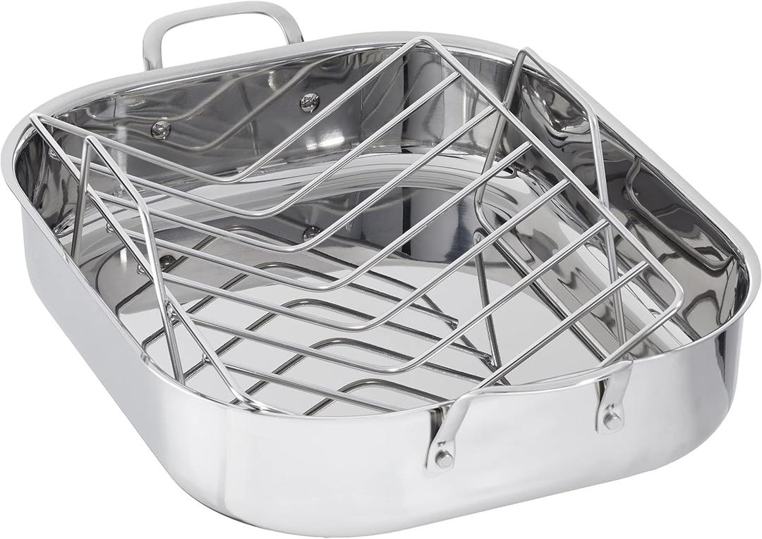 Amazon Basics Stainless Steel Rectangular Roasting Pan with Rack, Turkey Roaster, Dishwasher Safe, Easy to Clean, Oven Safe, 16 in