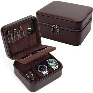 Travel Watch Case for Men, Watch Box with Ring Rolls & Accessory Compartments, PU Leather Portable Men's Jewelry Organizer, Fits up to 50mm Watches, Gift for Him (Large 2 Slot)