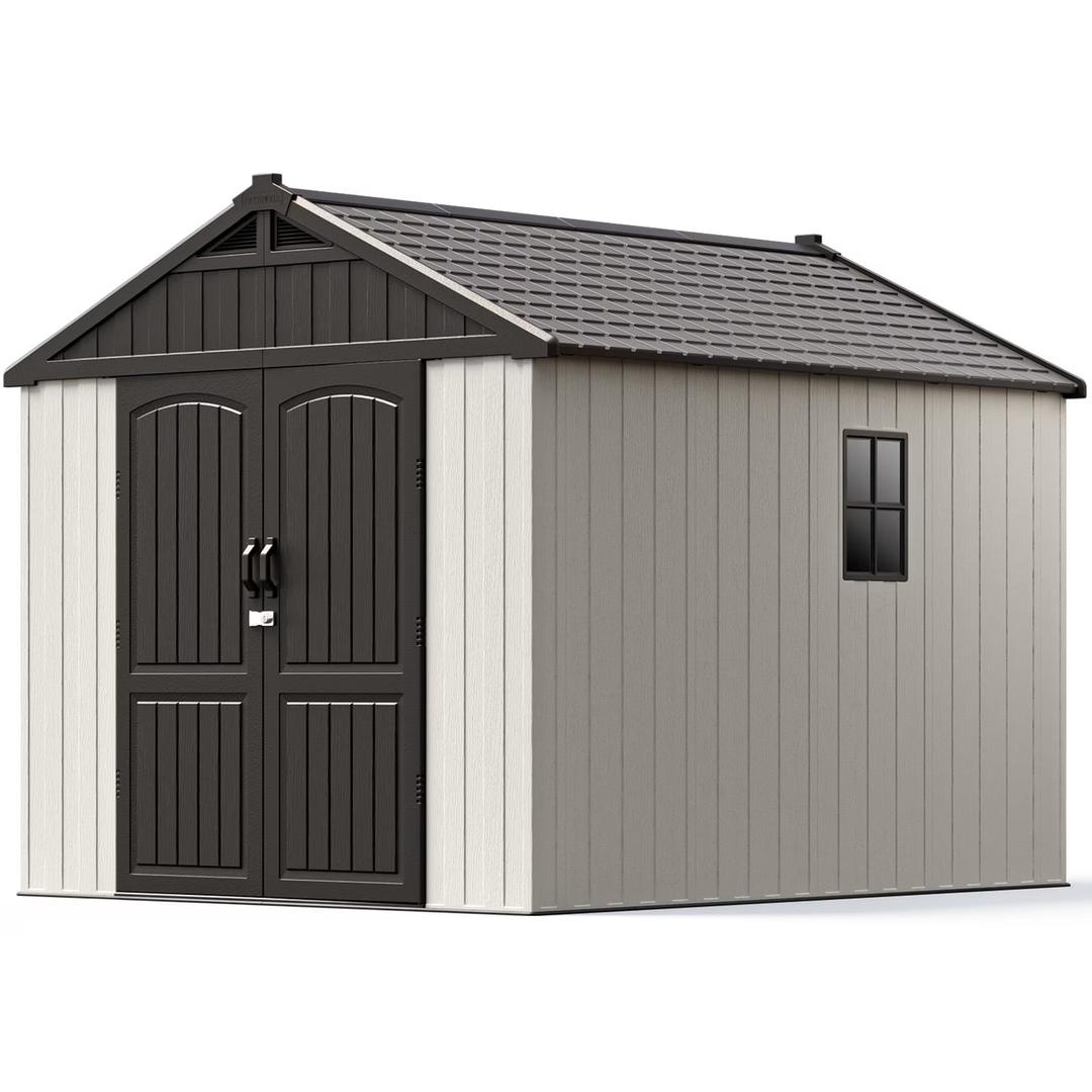 Patiowell 8x10 FT Plastic Shed Outdoor Storage Shed with Floor, Resin Garden Tool Shed Lockable Door & Two Windows for Patio, Backyard, Bike & Organizer, Beige