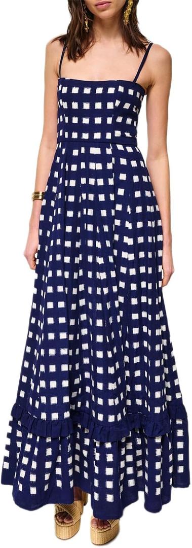 Women's Plaid Long Dress Spaghetti Strap Square Neck Ruffle Hem Swing A Line Summer Party Beach Slip Maxi Dress (Blue, M)