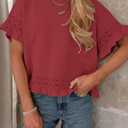 Yeokou Womens Short Sleeve Sweater Round Neck Ruffled Hem Knit Crochet Pullover Summer Fall Casual Top Blouse (Red, L)