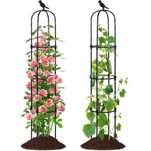 FOLLOOK Garden Obelisk Trellis for Climbing Plants Outdoor, Lightweight Climbing Plant Support Flower Roses Clematis Vegetable Light Vines Round Trellis for Raised Garden Bed Planter, Black, 2 Pack